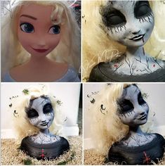 four different pictures of a doll with makeup and hair