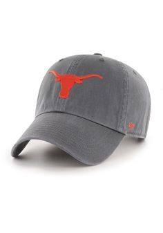 This Texas Longhorns Charcoal Adjustable Hat features a front embroidered team logo on an unstructured cotton crown with pre-curved visor and adjustable strapback. The '47 Clean Up is a relaxed and curved adjustable strap back with raised embroidery on the front and a woven label on the back., Made from garment washed cotton twill., Metal buckle on the back to dial in the custom fit., The garment wash cotton twill gives a soft, worn-in look., Dad Hat, Self fabric strap closure, Fit: True to Size Adjustable Team Logo Baseball Cap With Curved Brim, Adjustable Baseball Cap With Team Logo And Curved Brim, Adjustable Baseball Cap With Team Logo, Casual Baseball Cap For Fan Gear With Flat Brim, Casual Baseball Cap With Flat Brim For Fans, Adjustable Baseball Cap For Fan Gear, Adjustable Curved Brim Baseball Cap For Game Day, Team-colored Cotton Hats With Curved Brim, Casual Baseball Cap With Team Logo And Curved Brim