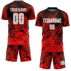 a red and black soccer uniform with the name teamme 00 printed in white on it