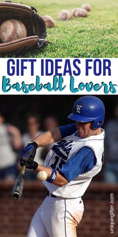 a baseball player holding a bat in front of a ball and glove with the words gift ideas for baseball lovers on it