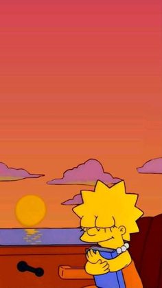 the simpsons is hugging his friend in front of an orange sky with clouds and water