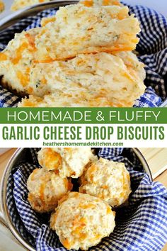 homemade and fluffy garlic cheese drop biscuits in a bowl with blue checkered napkins