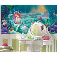 Littlest Mermaid Chair Rail Prepasted Mural 6 ft. x 10. ft. Ultra-strippable Wall Applique US Only Little Mermaid Bedroom, Underwater Bedroom, Little Mermaid Wallpaper, Mermaid Wallpaper, Disney Bedrooms, Mermaid Bedroom, Wall Appliques, Mermaid Wallpapers, Mermaid Room