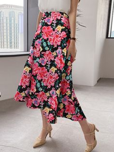 Allover Flower Print A-line Elastic Waist Women Skirt Allover Flower, Women Skirt, Singapore Malaysia, Women Skirts, Hip Dress, Flower Print, Flower Prints, Dress Length, Elastic Waist