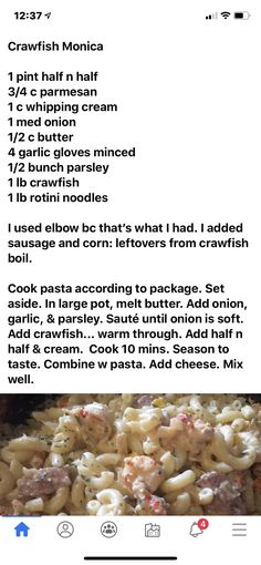 the recipe for pasta is displayed on an iphone screen