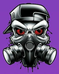 a drawing of a gas mask with red eyes