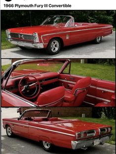 an old red car is shown in three different pictures, with the front door open and the