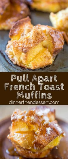 french toast muffins on a plate with chocolate sauce in the foreground and an image of puff - apart french toast muffins