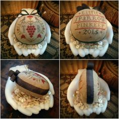 four different pictures of an ornament made to look like a ball and pillow