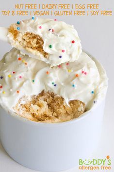 two scoops of ice cream with sprinkles in a white bowl and the words, allergen free fast and delicious vanilla bean mug cake