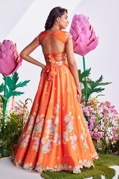 Orange attached cancan lotus printed lehenga embroidered with sequin and beads. Paired with padded blouse and dupatta embroidered with sequin, beads. - Aza Fashions Festive Lehenga With Printed Motifs For Parties, Party Lehenga With Printed Motifs For Festivals, Festival Party Lehenga With Printed Motifs, Fitted Dress With Digital Print For Diwali, Fitted Digital Print Dress For Diwali, Digital Print Dress For Navratri Party, Fitted Digital Print Dress For Navratri, Digital Print Party Dress For Festivals, Party Dresses With Digital Print For Festivals