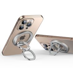 two cell phones are chained to each other with metal rings on the front and back