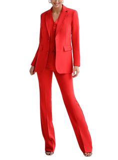 Three-piece pantsuit for women: straight leg pants with high rise, buttoned vest and lined blazer Please note suit measurements  Pants length inseam is 36 inches or 91 cm Sleeve length 24 inches or 61 cm Our Women's Blazer Trouser Suit for office, business meetings, formal events and special occasions. Always trendy, classic and o good looking DETAILS -  straight leg pants -  high rise -  blazer is buttoned -  lined -  side pockets -  relaxed fit -  single breasted -  buttoned vest MATERIAL Prem Elegant Red Business Casual Sets, Elegant Red Business Pants, Red Workwear Sets With Notch Lapel, Tailored Red Sets For Business Casual, Red Notch Lapel Sets For Workwear, Red Tailored Business Casual Pantsuit, Red Tailored Pantsuit With Notch Lapel, Red Tailored Pantsuit For Business Casual, Tailored Red Pantsuit With Notch Lapel