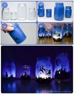 some jars that are lit up with blue lights and silhouettes on the glass jar