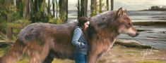 a painting of a woman hugging a wolf in the woods next to a lake and trees