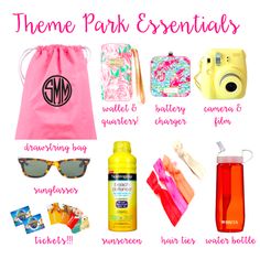 there are many items that can be found in the park essentials bag, sunglasses, camera, water bottle and more