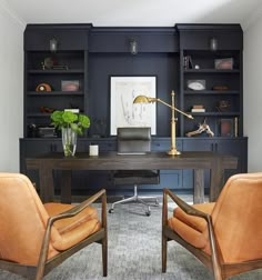 two leather chairs sitting in front of a desk