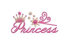 the word princess with a crown and stars in pink on a white background embroidery design