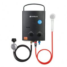 the tankless water heater is connected to a red hose and plugged in