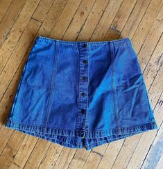 "90's Blue Denim Skort 34\" Waist In good used condition." Blue Denim Mini Skort, Denim Blue Mini Skort, Denim Blue Cotton Mini Skort, Y2k Mid-rise Denim Skort, Denim Blue Cotton Skort, Short Length, Womens Skorts, Denim Skort, Skorts, Short Outfits