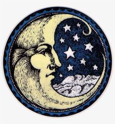 a drawing of a woman's face with stars on the moon behind her head