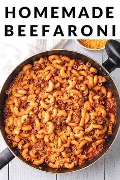 a skillet full of homemade beef and pasta with the words, how to make homemade beef