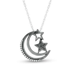 She'll adore the celestial style of this enchanting diamond pendant. Created in sterling silver with black rhodium plate, this fanciful design showcases an open crescent moon shape sparkling with diamonds along one side. A pair of sculpted stars - one open, the other adorned with alluring enhanced black diamonds - gleam along one side for a whimsical look. Radiant with 1/8 ct. t.w. of diamonds and a brilliant buffed luster, this pendant suspends along an 18.0-inch silver rope chain that secures Black Star-shaped Sterling Silver Necklace, Silver Diamond Jewelry With Moon Charm, Celestial Black Sterling Silver Jewelry, Black Sterling Silver Celestial Jewelry, Black Sterling Silver Star Necklace, Silver Moon Necklace With Diamond Accents, Silver Crescent Necklace With Diamond Accents, Peoples Jewellers, Moon Shape