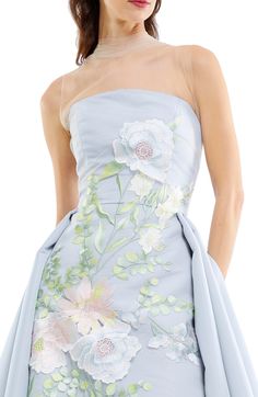 Strapless silk faille gown with pleated skirt and floral embroidery with a tulle illusion overlay Baby Blue Wedding Dresses, Gorgeous Bridesmaid Dresses, Fashion Dresses Formal, Blue Wedding Dresses, Shower Dresses, Fairytale Dress, Gowns Of Elegance, Mom Dress, Classy Women