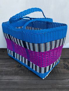 LARGE BASKET: This a very traditional market basket used in Guatemala to do market purchases. It is woven plastic which makes it very resistant. This bag can hold easily 20 pounds and used on a daily basis, it can last 10-20 years without doubt, probably even a LIFETIME. It is a very resistant product. They are handmade carefully by a Guatemalan artisan. They are made to last. In Guatemala, it is possible to find a large selection of this baskets on very bright colors. Even exposed to the water, Handwoven Blue Square Bag, Blue Handwoven Square Bag, Handmade Blue Basket Beach Bag, Blue Square Handwoven Bag, Traditional Blue Rectangular Bag, Blue Basket Bag For Daily Use, Blue Bucket Bag For Market, Blue Bucket Bags For Market, Traditional Blue Handwoven Bags