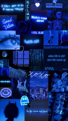 a collage of photos with neon lights and text that reads, i feel blue