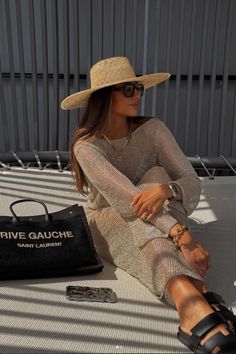 Beach outfit, yacht outfit, Rive Gauche Saint Laurent Bag Black, Sheer metallic beach dress, straw hat | Summer outfits Adidas Samba Outfit, Summer Outfits 2024, Spring Trends Outfits, Ibiza Outfits, Beach Attire, Stylish Summer Outfits, Chic Shirts, Beach Wear Outfits, Beach Outfits