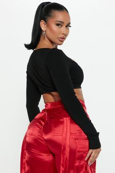 Available In Black, Cream, Olive, And Red. Top Cropped Long Sleeve Cut Out Stretch Compression Rib 88% Rayon 12% Spandex Imported | Trinity Snatched Top in Black size Large by Fashion Nova Stephanie Rao, Cropped Long Sleeve, Top Cropped, Knit Tops, Red Top, Gal Gadot, Jennifer Aniston, Black Cream, Women's Dresses