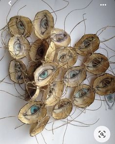 an arrangement of dried leaves with blue eyes on them