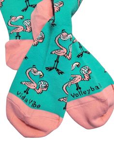 Fun Volleyball Flamingo Crew Socks! Volleyball Toe detail with pink accents. Perfect for crazy sock day or staying cozy in some fun socks. Make a statement in your fashion with these quirky socks! These striking, eye-catching designs will get you noticed wherever you go! Socks are crew length (hit mid-calf). One size fits most! Sizing:Mens 7-11Womens 8.5-12.5 70% Combed Cotton, 22% Polyester, 5% Nylon, 3% Spandex Fun Pink Socks For Summer, Pink Casual Sports Socks, Playful Pink Summer Socks, Comfortable Pink Summer Socks, Crazy Sock Day, Volleyball Gear, Gifts For Parents, Volleyball Gifts, Fun Socks