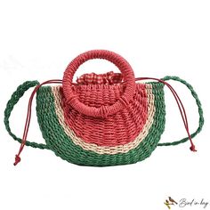 Bird in Bag - New straw woven bag watermelon single shoulder crossbody handbag rattan bags sweet hand-woven female bags Holiday Handbag, Rattan Bags, Female Bags, Rattan Bag, Street Trends, Woven Bag, Bird In Bag, Green Bag, Decorative Wicker Basket