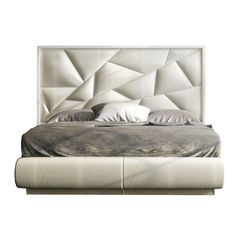 a large bed with white sheets and pillows on it's headboard, in front of a white background