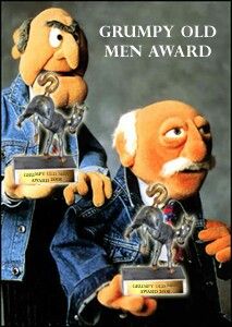 an advertisement for grumpy old men award with two cartoon characters holding their trophies