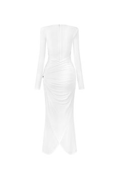 This luxurious dress features gathered spandex for a figure-hugging silhouette and an ankle-length hem for a sophisticated touch. Perfect for any special occasion, this dress will make you feel confident and glamorous. Luxury Midi-length Bodycon Dress, Elegant Maxi-length Elastane Bodycon Dress, White Feminine Midi-length Bodycon Dress, White Bodycon Dress With Hollow-out Details, White Midi-length Elastane Bodycon Dress, Luxurious Dresses, Ankle Length Dress, Special Features, Ankle Length