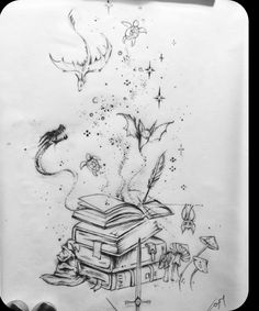 a drawing of an open book with birds flying around it and stars in the sky