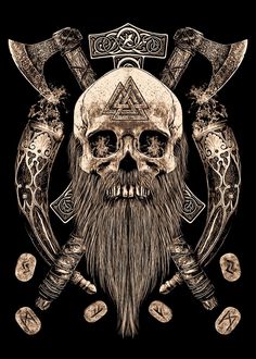 a skull with two axes and a beard