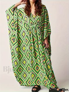 Bjux - Womens Geometric Print V Neck Kaftan with Plaid Details: Batwing Sleeves, Loose Fit, Tribal Inspired Beach Cover Up Dress – Ideal for Swimwear & Resort Clothing Green V-neck Kaftan With Vibrant Print, Patterned Beachwear Maxi Dress For Beach, Patterned Maxi Dress For Beach, Patterned Maxi Beach Dress, Green Printed V-neck Beach Dress, Long Sleeve Maxi Dress With Vibrant Print For Beach, Green Printed V-neck Cover-up, Green Bohemian Maxi Dress For Vacation, Bohemian Green Maxi Dress For Vacation