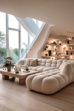 a living room filled with lots of white furniture