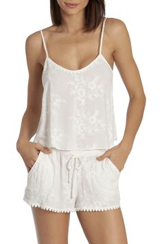 Casual Camisole Sleepwear For Vacation, Spring Floral Embroidered Sleepwear For Loungewear, Spring Casual Camisole Set, Sleeveless Drawstring Tops For Loungewear, Spring Drawstring Loungewear Tops, Spring Loungewear Tops With Drawstring, Spring Drawstring Tops For Loungewear, White Floral Embroidery Sets For Vacation, Summer Cotton Sleepwear With Floral Embroidery