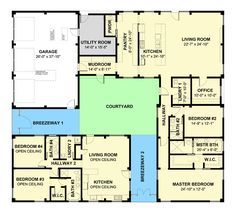 the floor plan for an apartment building with multiple rooms and two garages on each side