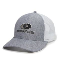 Mossy Oak Heathered Grey Trucker Hat, TS230560 Gray Curved Brim Baseball Cap For Summer, Gray Baseball Cap For Summer, Lightweight Outdoor Snapback Cap, Adjustable Gray Baseball Cap For Outdoor Activities, Adjustable Gray Baseball Cap For Outdoor, Spring Trucker Hat For Outdoor Activities, Lightweight Snapback Cap For Outdoor, Breathable Outdoor Hat For Baseball Season, Spring Outdoor Trucker Hat With Curved Brim