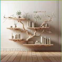 a book shelf with books and plants on it in front of a wall mounted tree