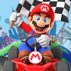 the mario kart is driving his car in front of the eiffel tower