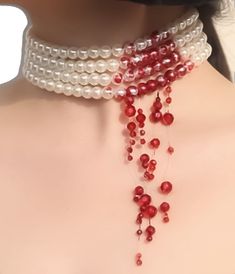 Halloween Cosplay Choker Necklaces, Halloween Cosplay Choker Necklace, Handmade Vampire Style Party Necklace, Red Choker For Halloween Party, Red Pearl Necklace For Party, Red Beaded Pearl Necklace For Party, Red Pearl Chain Necklace For Party, Beaded Pearl Choker Necklaces For Party, White Halloween Party Jewelry