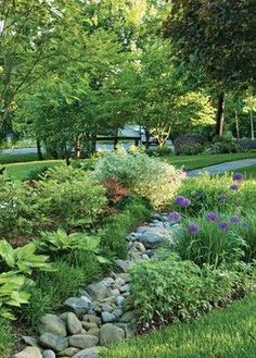 a garden filled with lots of green plants and rocks in the grass next to trees