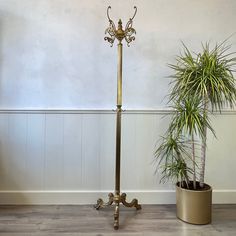 a potted plant sitting on top of a wooden floor next to a metal pole